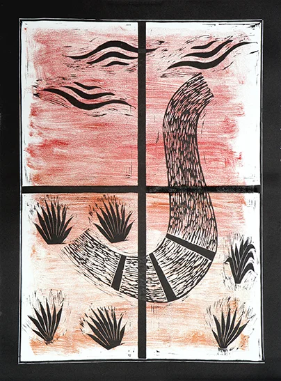 "Window and Path" Unique Linocut Print 30"x 22" 2010