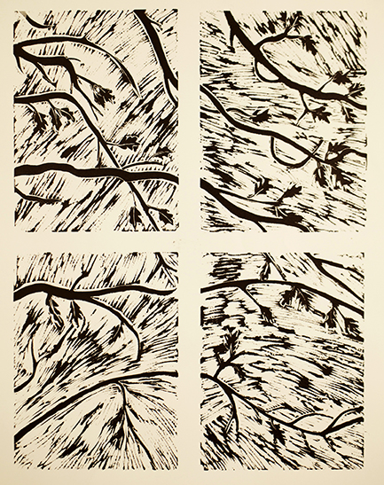  "Window with Branches"  Linocut  4 panels, each 12" x 10"  2012 