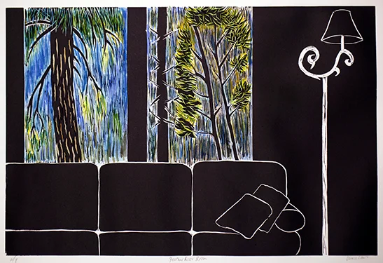 "Window with Couch, Feather River" Hand colored linocut print 12" x 18" 2010