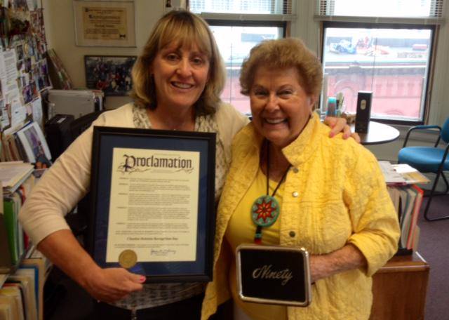 Deputy County Executive Ann Rooney presents a proclamation from Joanie Mahoney of Chuckie Holstein Recognition Day.Happy 90th birthday Chuckie!