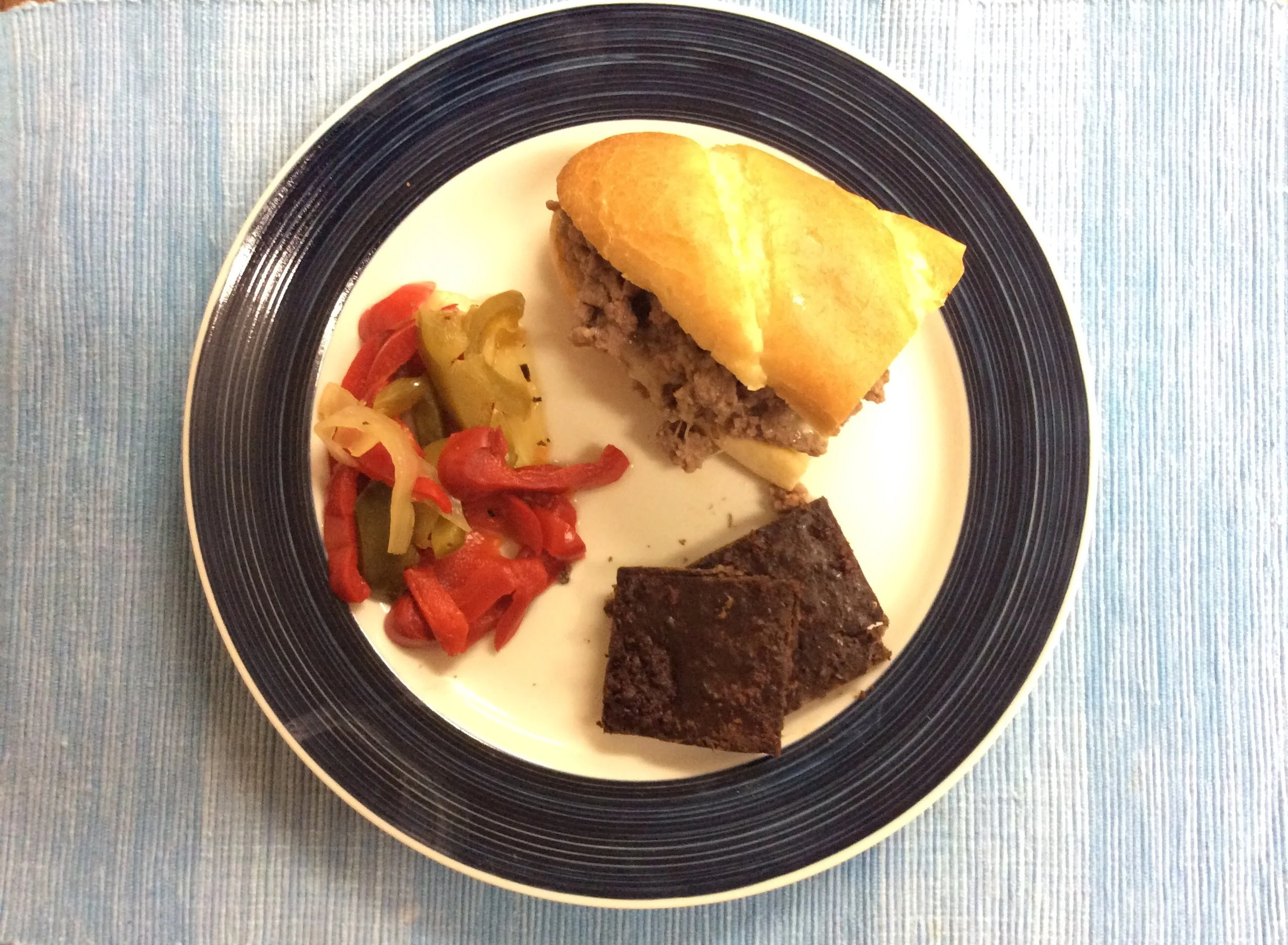 Shaved Beef Hoagie with Cheese, Caramelized Peppers&Onions with a Black Bean Brownie