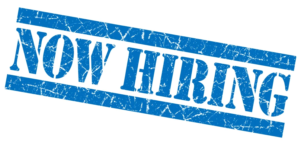 Now Hiring grunge blue stamp