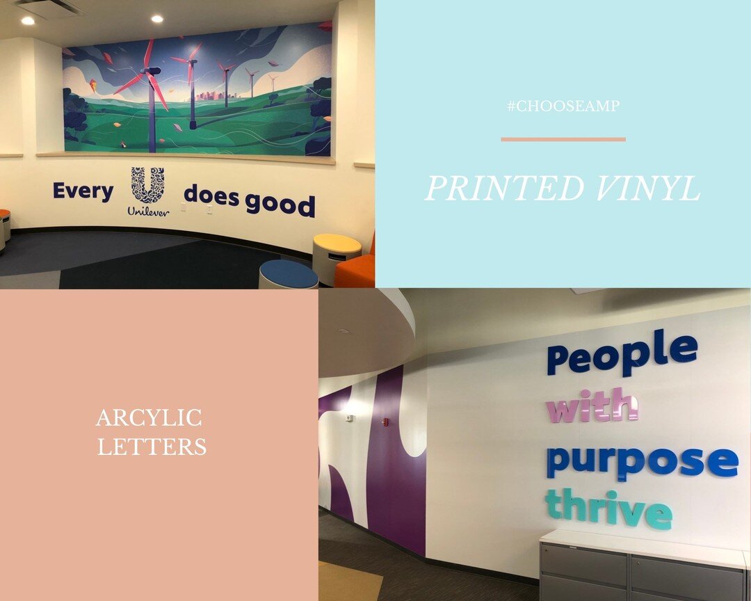Unilever offices in Rogers got an update this year. Thank you so much for Choosing AMP. 

We got to use a variety of materials in order to make their vision a reality.

Full wall coverage prints, cut vinyl, and acrylic cut letters give this space a v