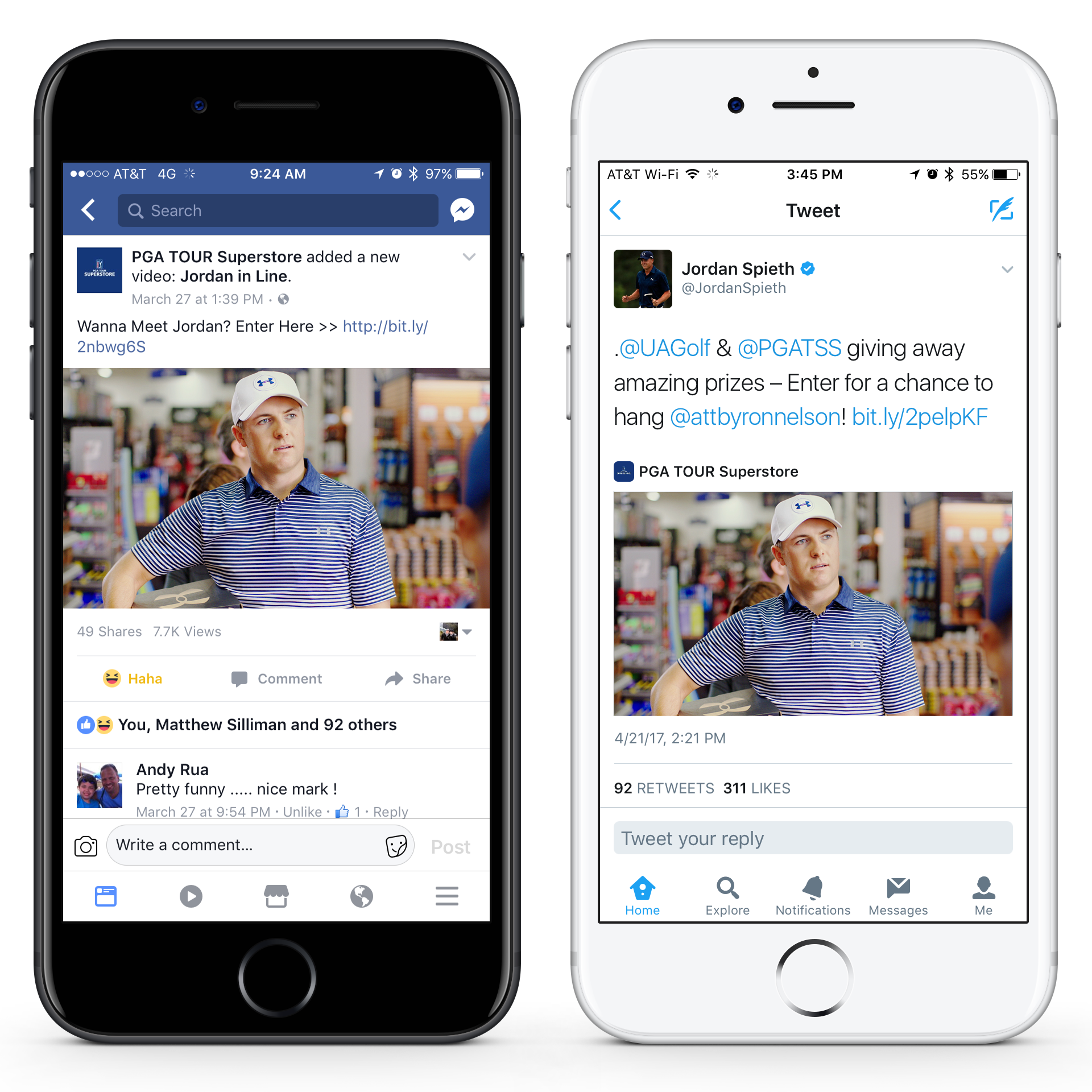 PGA TOUR Superstore, Under Armour and Jordan Spieth social posts help spread the word about the online sweepstakes.