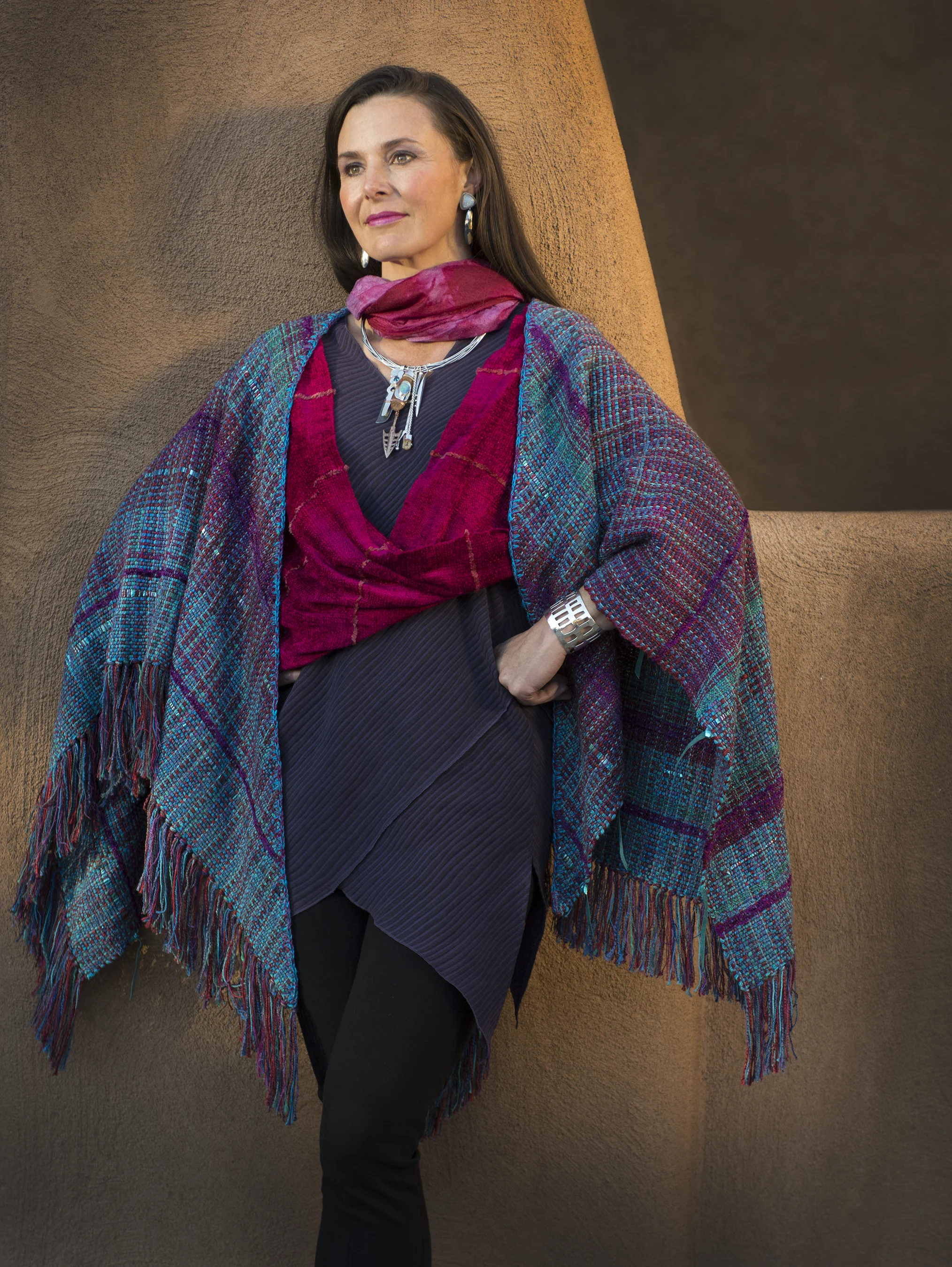 Bias Ruana JB Pena, Infinity Wrap Ceil Swansom, Talisman necklace/pendants Richard Lindsay, silk linen tunic BB Goochi