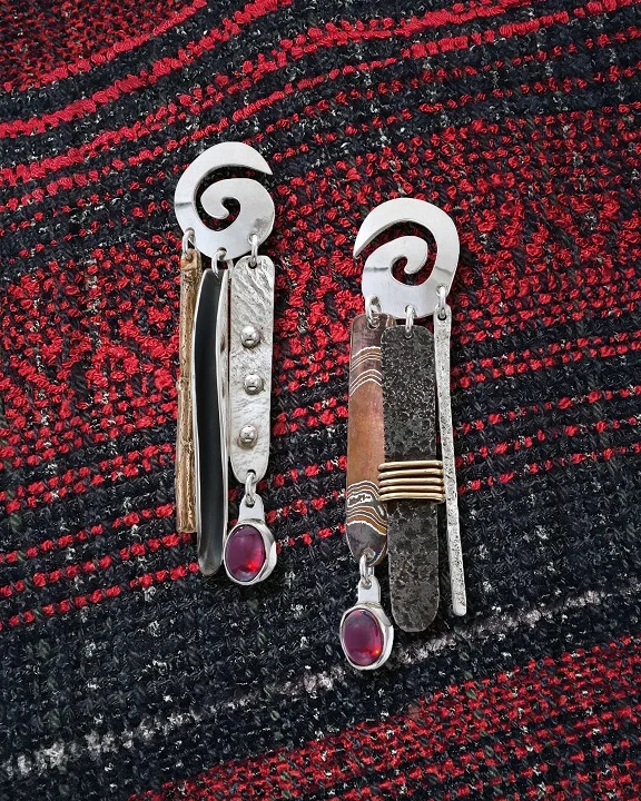 “Desert Chimes No.6 Earrings” Sterling Silver ~ Brass ~ Steel Mokume Gane ~ Garnet