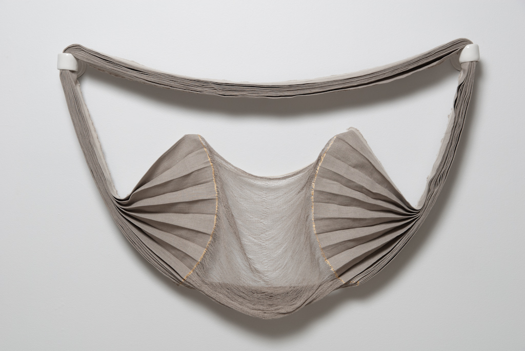 but a weak smile , 2012, commercial painter's linen, weft partially removed - remaining warp spranged, gesso, gold leaf, unique handbuilt porcelain stanchion hardware 