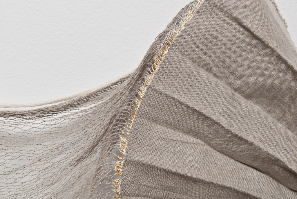 but a weak smile (detail) , 2012, commercial painter's linen, weft partially removed - remaining warp spranged, gesso, gold leaf, unique handbuilt porcelain stanchion hardware