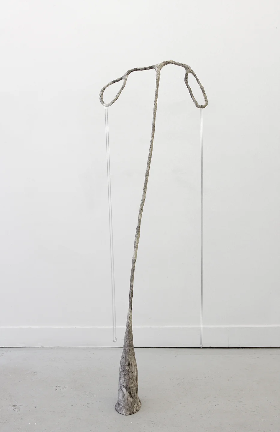 SITTING ON HER HANDS . 2013, papier-mache, india ink, anodized steel chain, macaroni & silver leaf, 58" x 18" x 5“