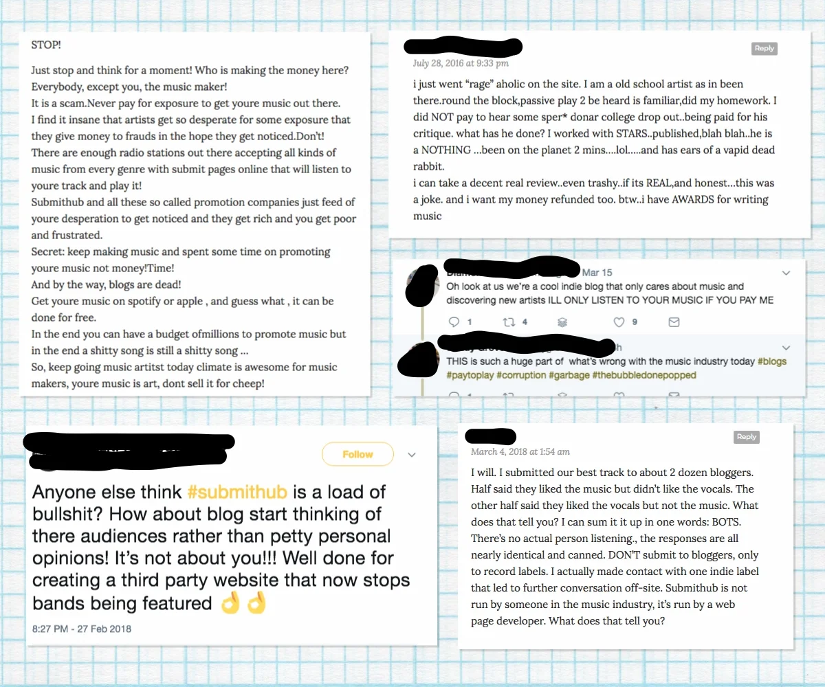 A selection of some of the music blogger shade via SubmitHub shade out on the internetz in 2018.