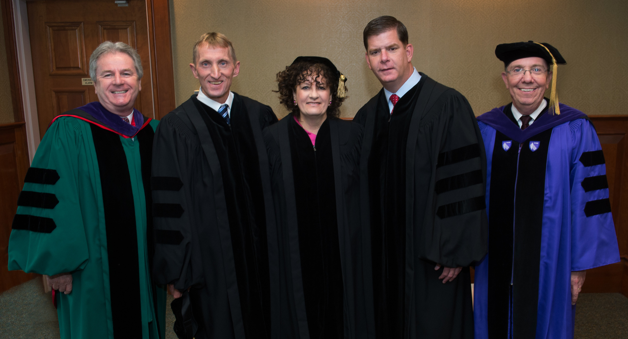  From left to right: Dean John F. O’Brien; Boston Police Commissioner William B. Evans; Lyndia Downie, president and executive director of the Pine Street Inn; Mayor Martin J. Walsh; and Martin C. Foster, chairman of the law school’s board of trustees.