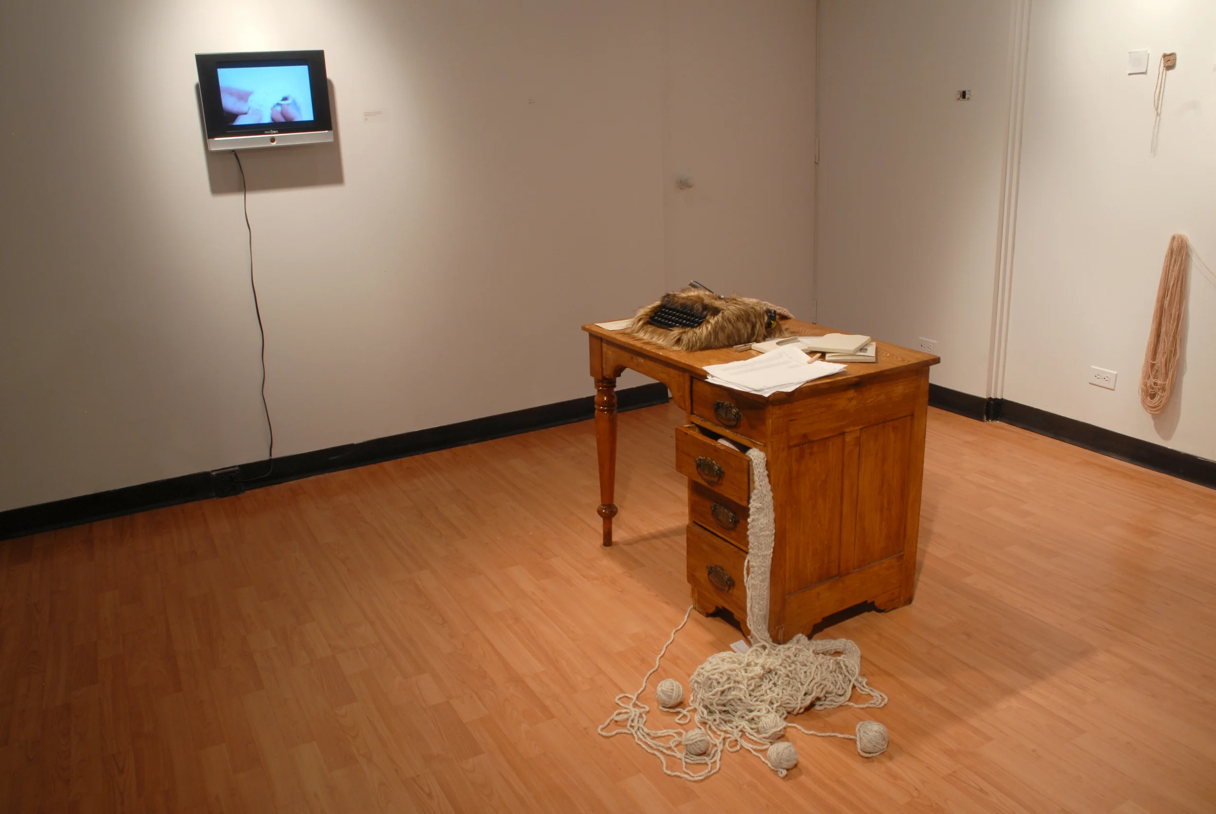  Oma  multi-media installation  2010  "The inspiration for this work was a bit of trivia about the French Revolution. &nbsp;In the summer before beginning my undergraduate thesis, I learned that knitting was used at this time to pass on messages, as 