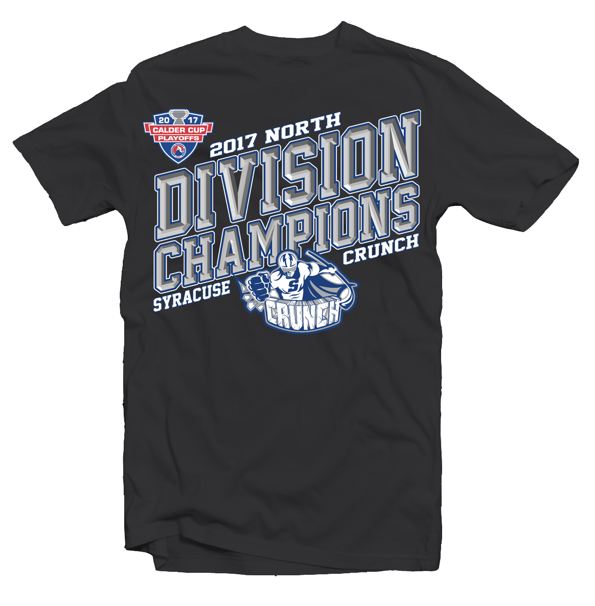 We are licenced to design and print for all of the the pro teams in Syracuse as well SU Athletics and some other Division I Universities. This is an example of one of my championship designs for our Hockey team's 2017 Calder Cup run. Go Crunch!