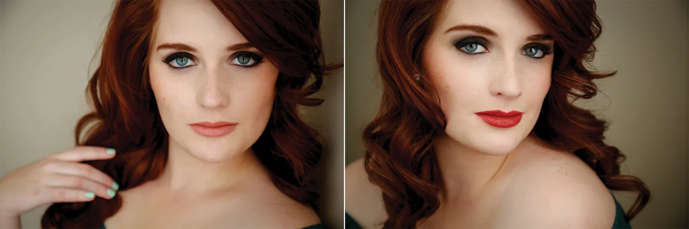 The only difference between these two photos is her lipstick; she's in the same spot, wearing the same outfit, with the same hairstyle.