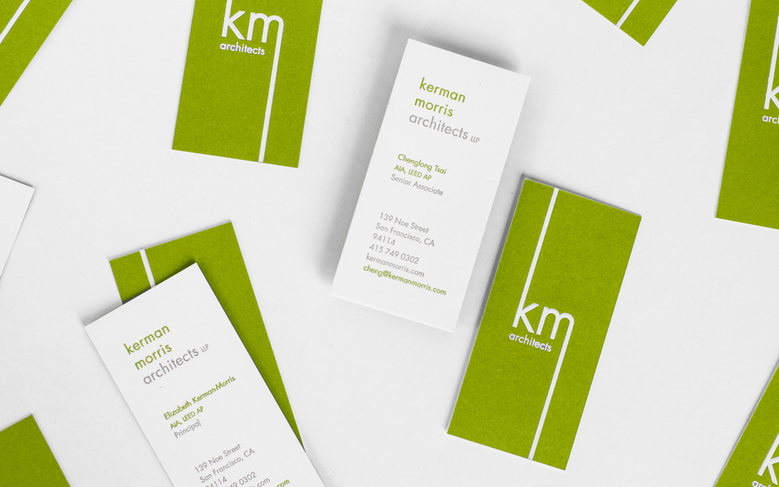Letterpressed business card design for Kerman Morris Architects.