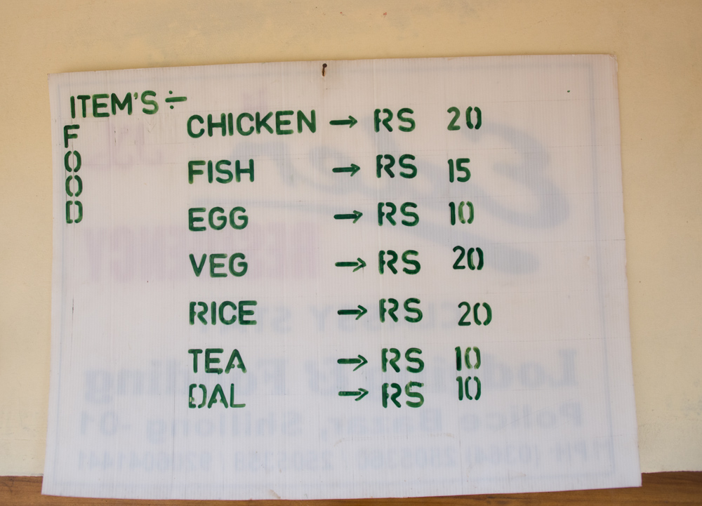 Menu in a village in Khasi Hills