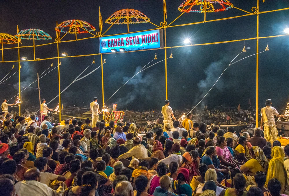 The nightly show in Varanasi is performed by priests to a set routine.