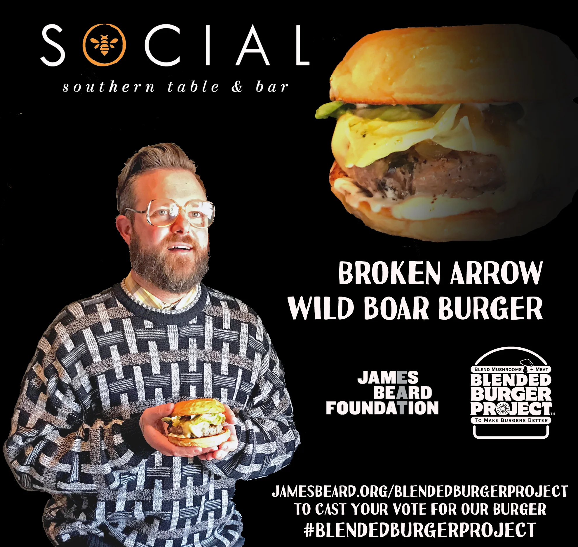 We are participating in The James Beard Foundation’s (JBF) Blended Burger Project ™ , a nationwide contest and challenge to make a "blended burger" by blending ground meat with finely chopped mushrooms to create a delicious, healthier, and more sustainable burger. Chef Marc Krampe has chosen to feature Broken Arrow Wild Boar Burger made with ground boar and roasted maitake mushroom blend, Thomasville Tomme, hydroponic red oak lettuce, green tomato chow chow & nori vinegar aiol to showcase a healthier burger, from now through July 31, 2017. Blending meat with mushrooms reduces calories, fat, and sodium while adding important nutrients like vitamin D, potassium, and B vitamins. A blended burger also brings more sustainable, plant-based items to menus allowing Americans to enjoy the taste and flavor of the burgers they love, knowing it’s a healthier and more sustainable preparation. Diners can vote and support the Blended Burger Project ™ : § Visit jamesbeard.org/blendedburgerproject to view the gallery of blended burger photos, and cast your vote for the blended burger that best represents the most creative use of mushrooms, best flavor profile, and most appetizing appearance § You can also visit a participating restaurant from Memorial Day, May 29 – July 31, 2017 (view the entire list at jamesbeard.org/blendedburgerproject/participants) and ask for the “blended burger” § Post your burger photos to social media with the hashtag #blendedburgerproject to spread the word! When the promotion concludes at 11:59pm EST on July 31st, 2017, the five (5) chefs with the most online votes will win a trip to the historic James Beard House in New York City where they will showcase their blended burgers at an exclusive event in 2018. New this year, customers who vote for their favorite blended burger online will also be entered to win an all-expenses paid trip for two to the 2018 Blended Burger event at the James Beard House. Visit jamesbeard.org/blendedburgerproject for a list of participating restaurants and follow #blendedburgerproject on Facebook, Twitter, and Instagram. 