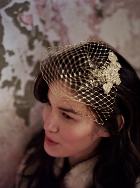 gold vintage tulle birdcage veil hushed commotion