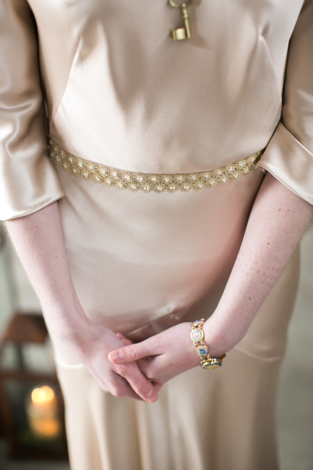 blush dress vintage style gold belt hushed commotion