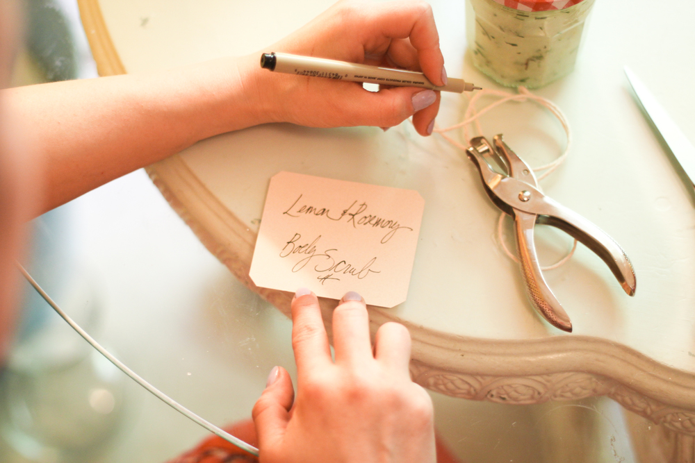 Some twine to tie the labe on, a hole punch and a cute glass jar (Sur La Table has some good ones )!