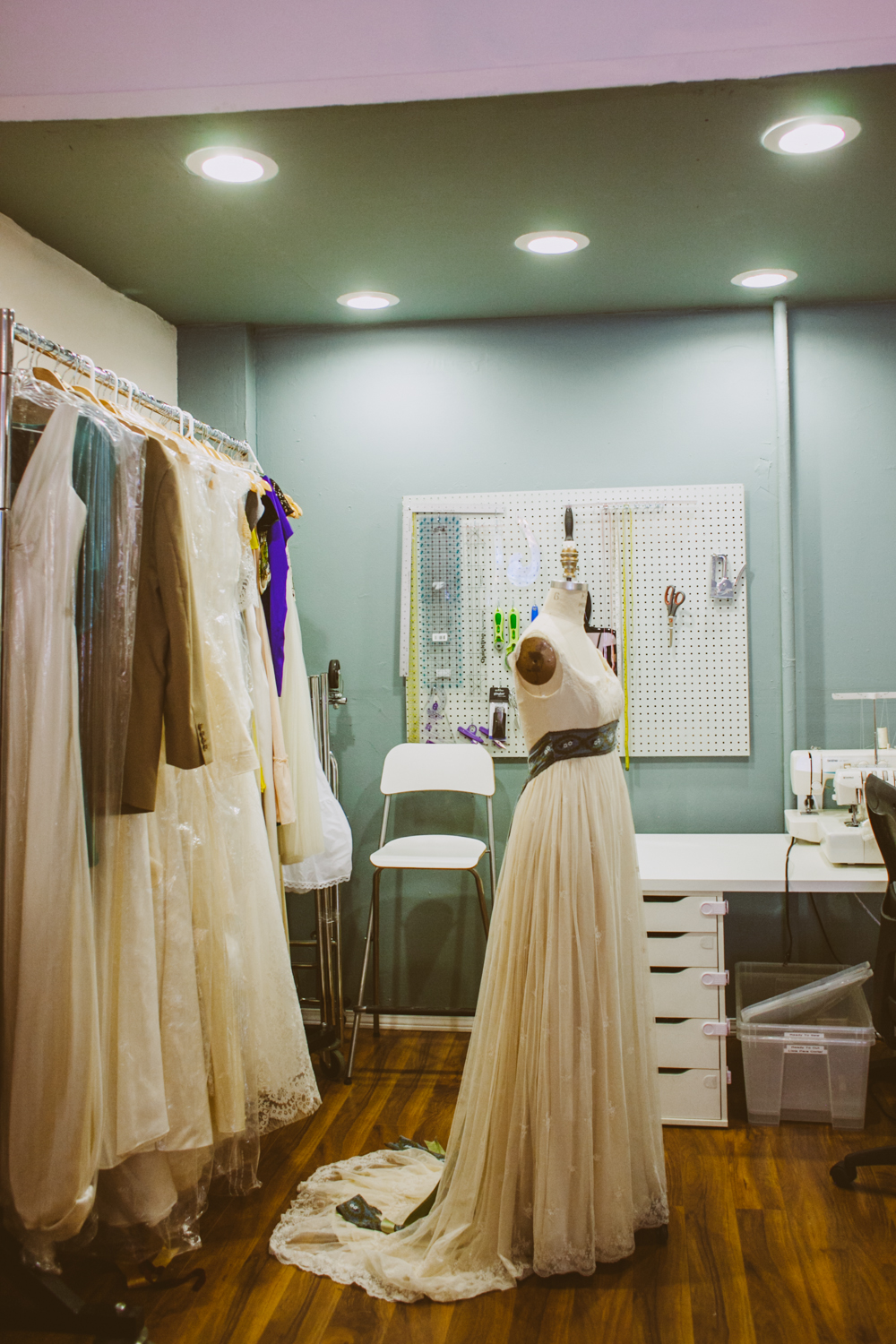 Rebeccas dress from her wedding up on display for the opening!