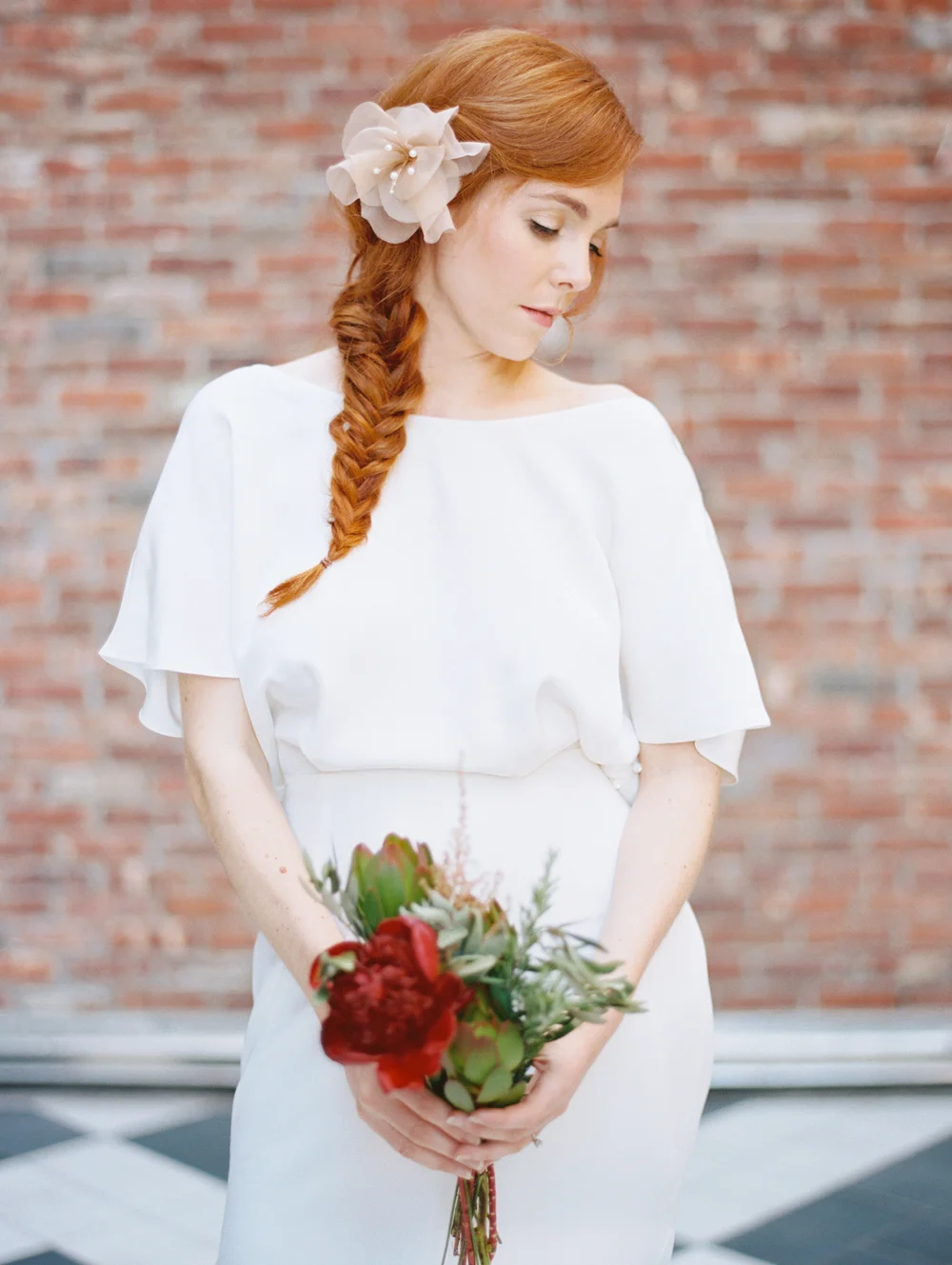 whymsical blush hair flower pearl hushed commotion fish tail braid