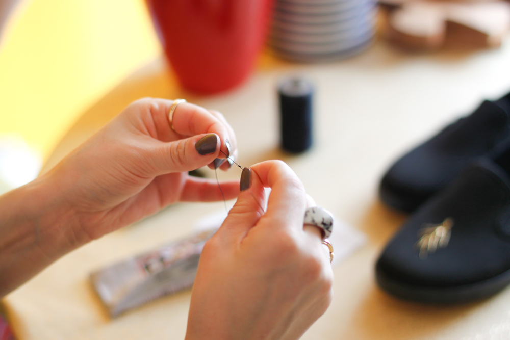 DIY sneakers needle threading