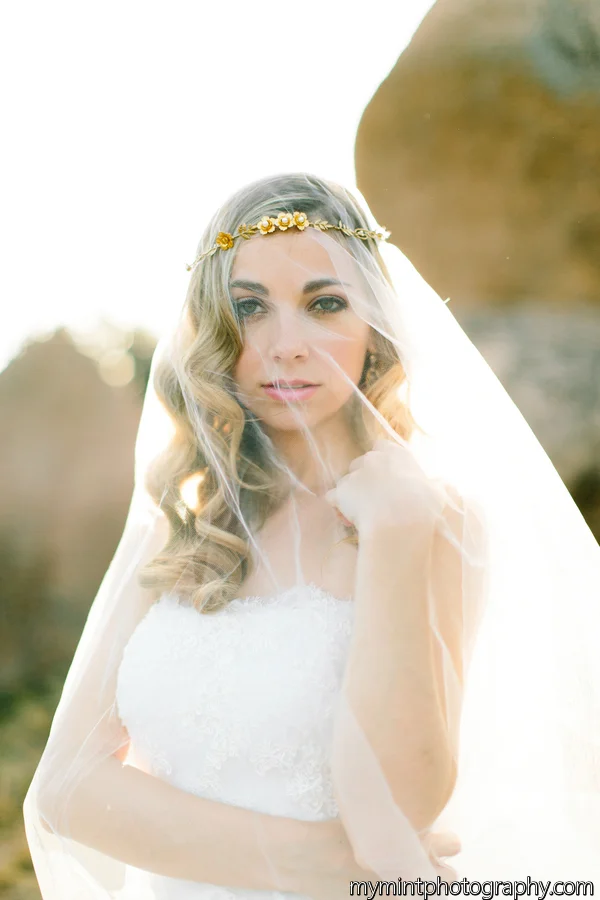 gold flower crown with veil by hushed commotion