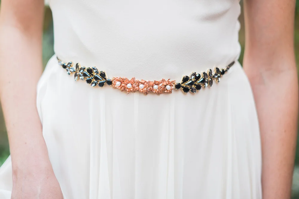 rose gold flowers and black crystals wedding belt hushed commotion