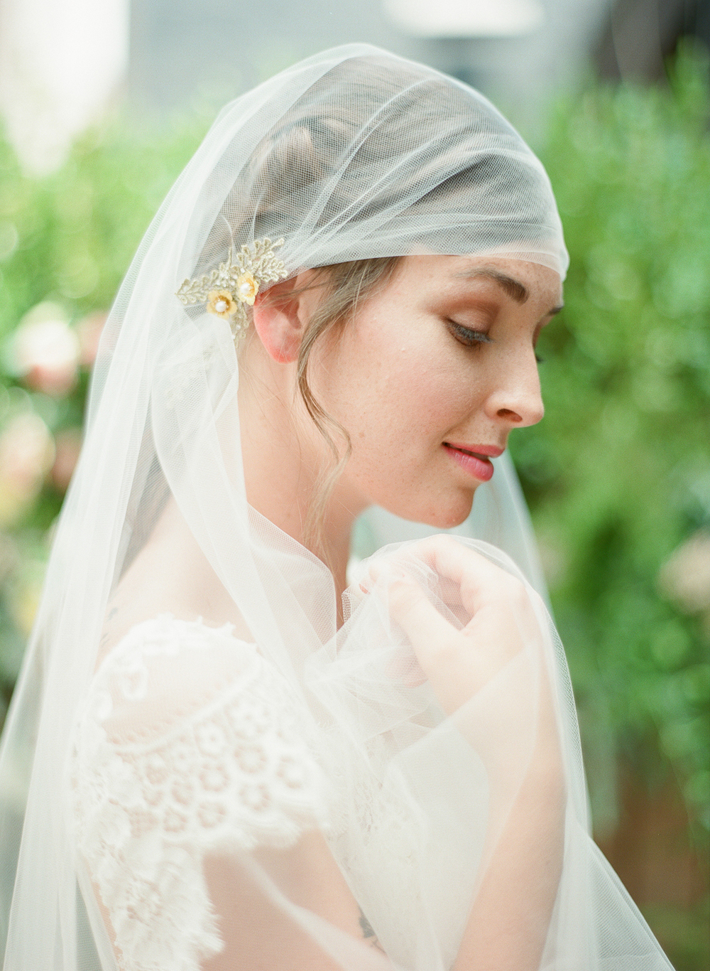 juliet cap tulle veil with gold vine flower crystal detail hushed commotion