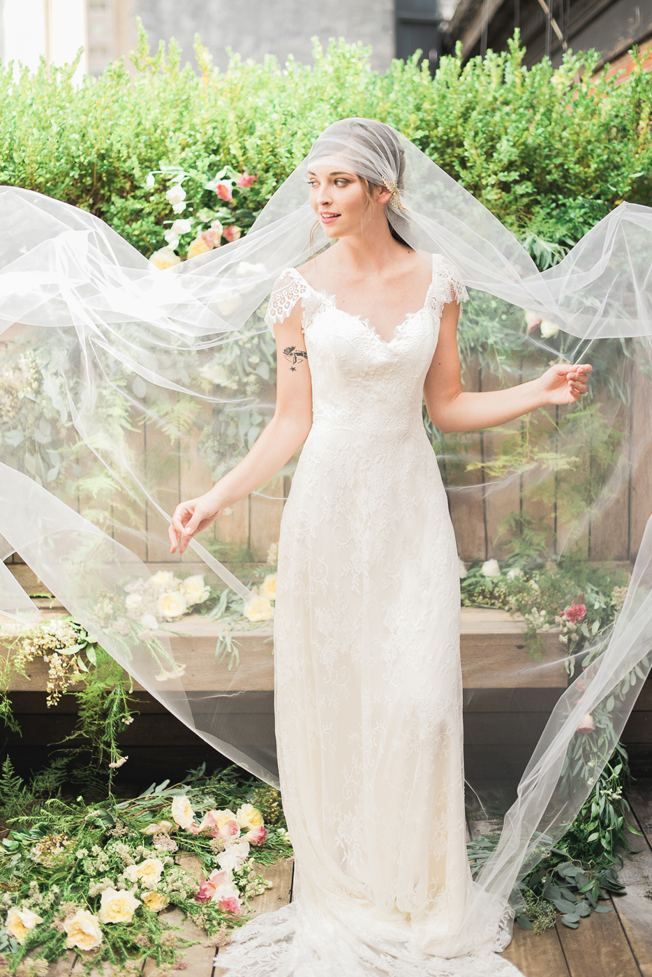juliet cap tulle veil with gold vine flower crystal detail lace gown hushed commotion