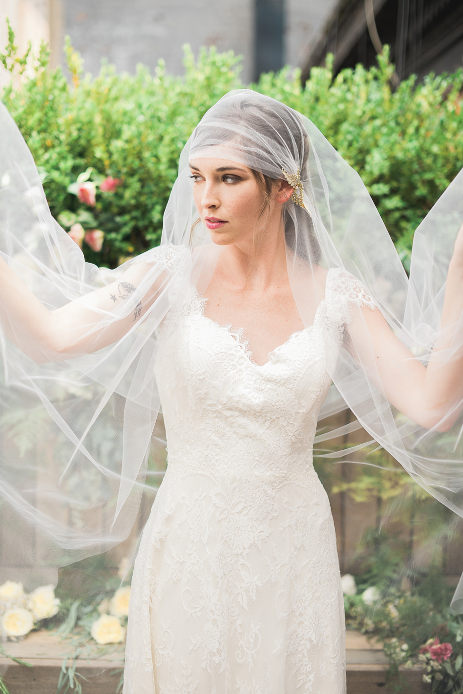 juliet cap tulle veil with gold vine flower crystal detail lace gown hushed commotion
