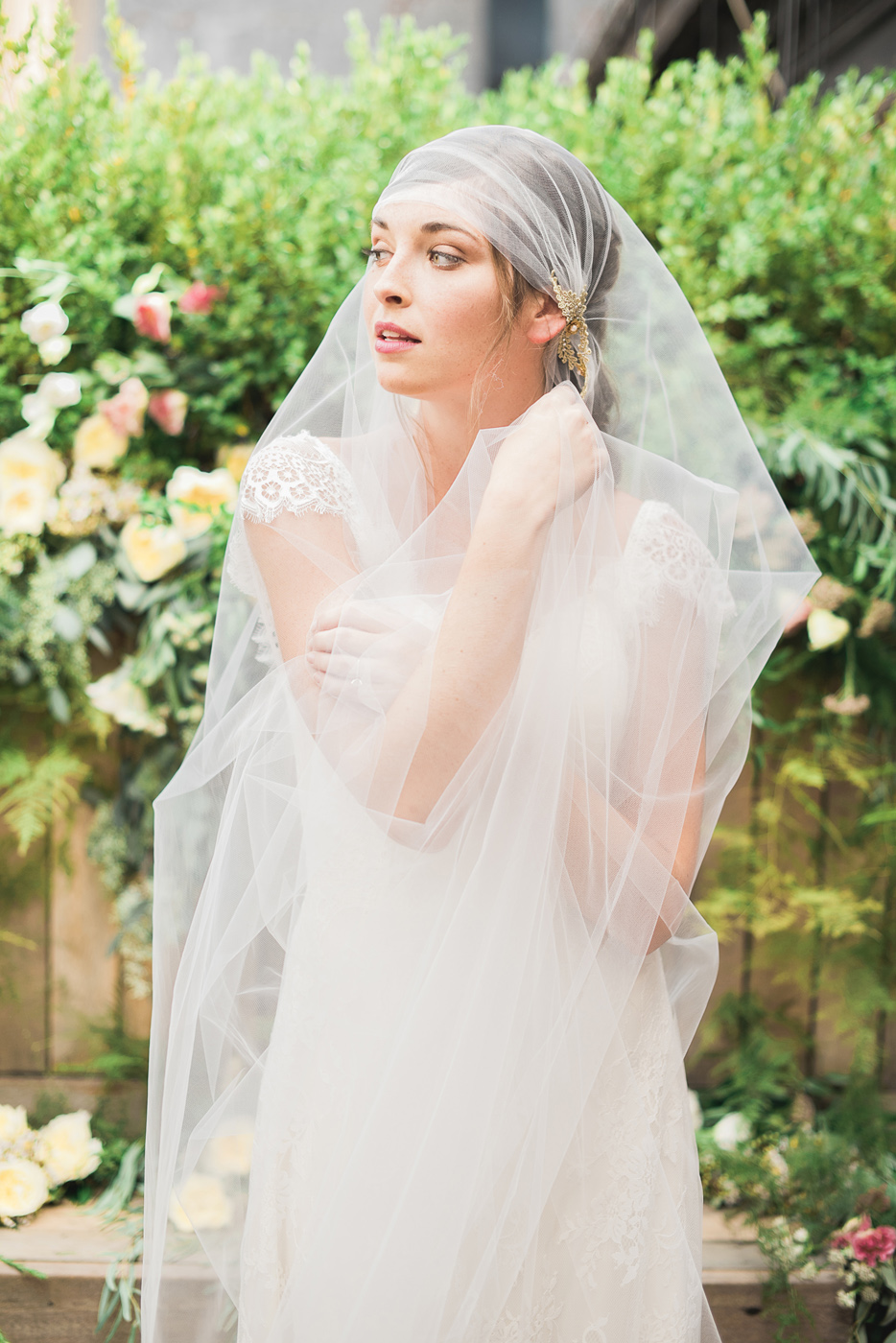 juliet cap tulle veil with gold vine flower crystal detail lace gown hushed commotionjuliet cap tulle veil with gold vine flower crystal detail  hushed commotion