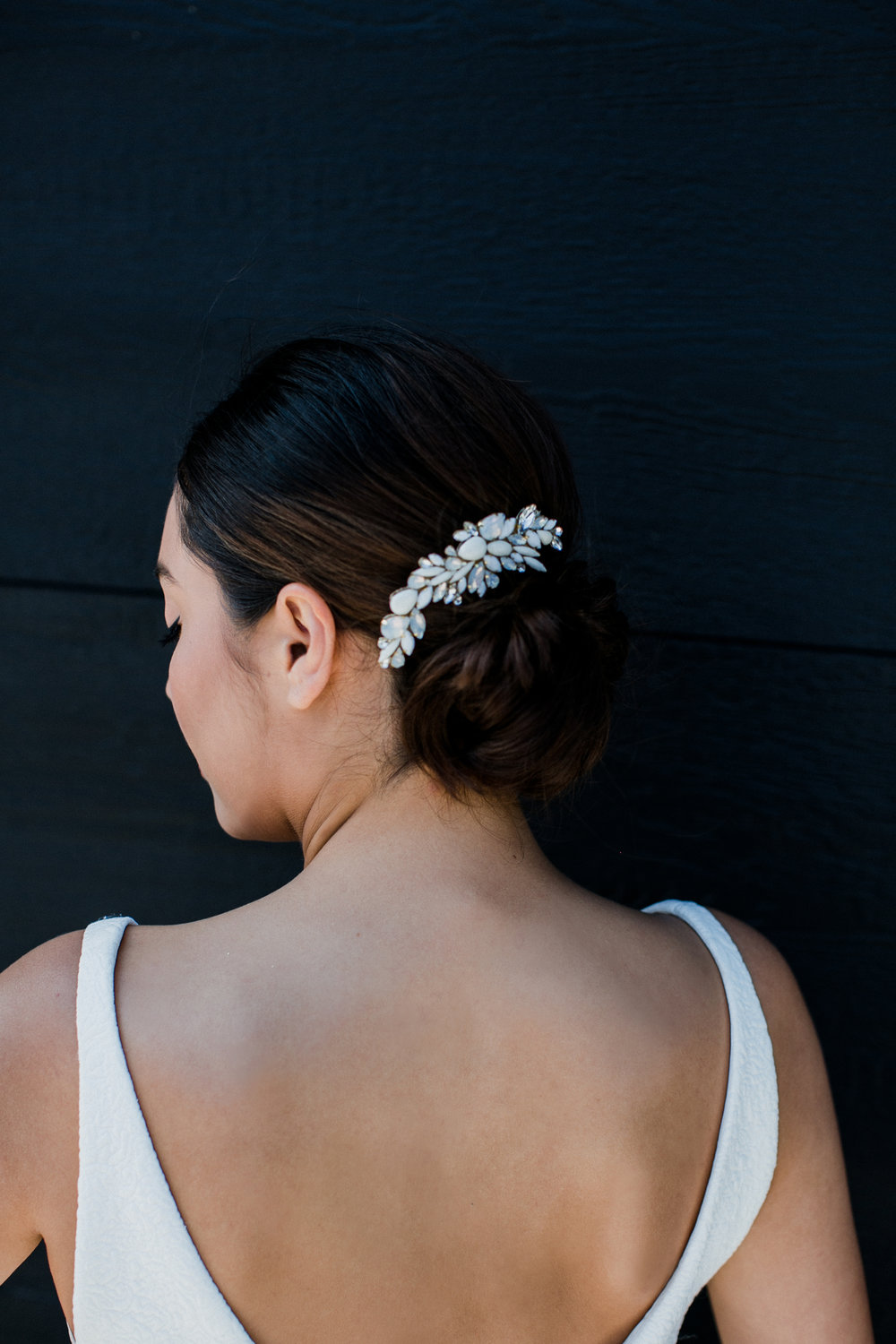 Roux is the new girl in town! Brand new for our 2019 collection and already a huge hit! Roux is matched to perfection with our new favorite iridescent white crystals and will curve into your wedding day do with ease and perfection.