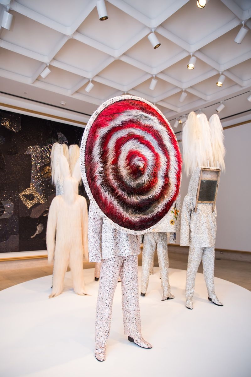 A Nick Cave soundsuit featured in his solo exhibition, Here Hear, at the Cranbrook Art Museum. (Sam Deitch/BFAnyc.com)