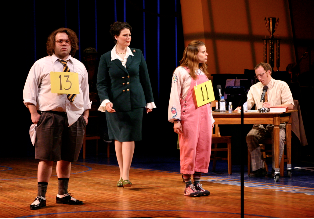 Dan Fogler as William Barfee, Lisa Howard as Rona Lisa Peretti, Celia Keenan-Bolger as Olive Ostrovsky, and Jay Reiss as Doug Panch