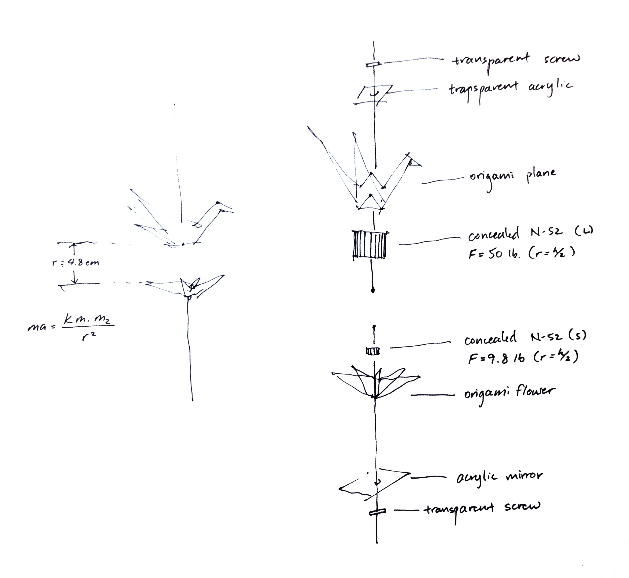 This is a final sketch of the components of each bird and flower pair. The magnets and paper were carefully selected to create a maximum distance between the bird and flower. In the final calculation, I didn't factor in the weight of the paper, tape, and string, leading to a smaller space between the birds and flowers.