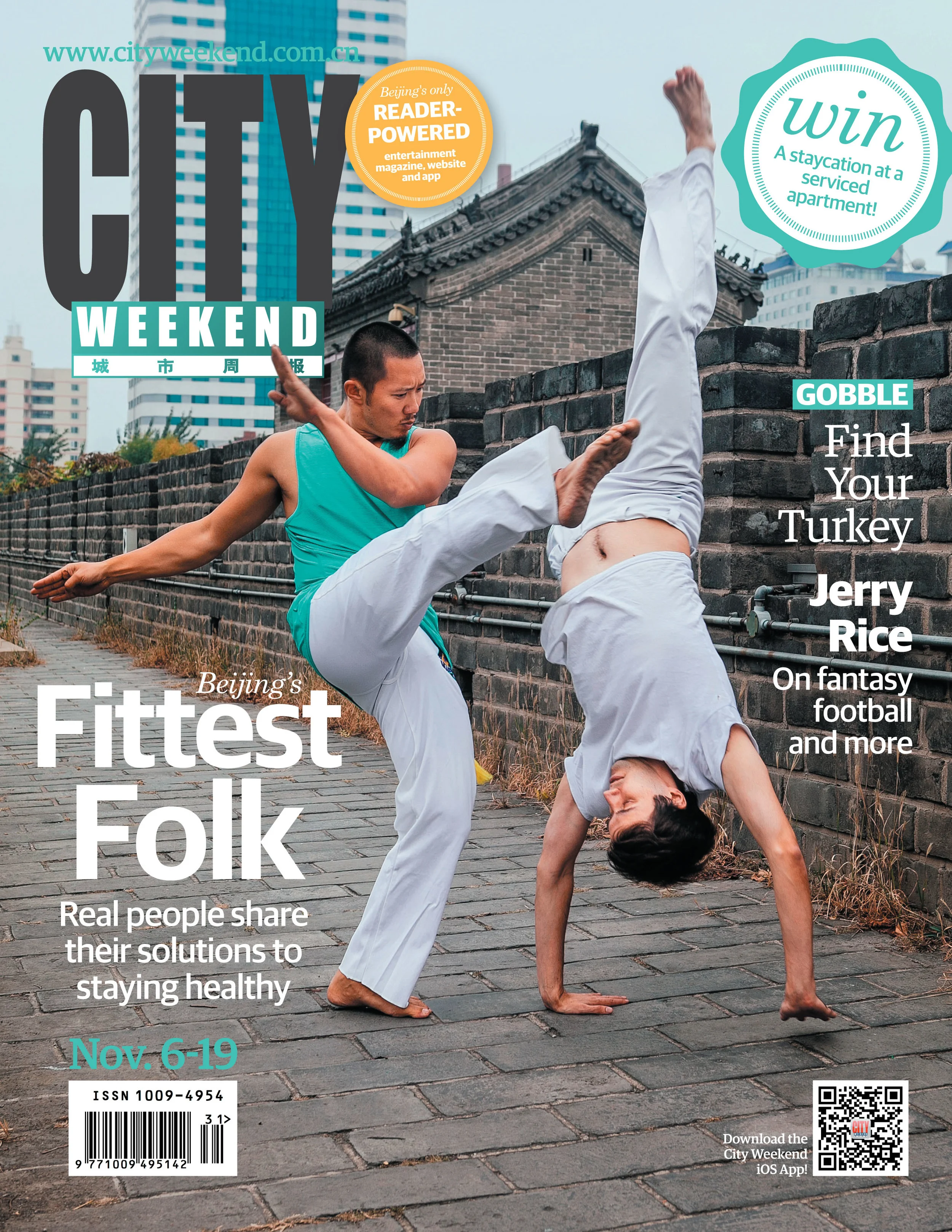  With flying kicks and cartwheels, Van Yang (L) and Tord Løvdal of Capoeira Beijing were the perfect models for our November 2014 cover story on original ways to stay fit in a smoggy city. Photograph by Taozi, written by Katie McGowan. 