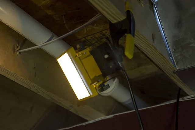 One of three work lamps used for lighting the talent.