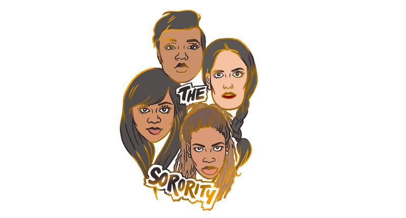  Enamel pin design for Toronto's sisterhood of hip hop, The Sorority (Keysha Freshh, Lex Leosis, Haviah Mighty, and pHoenix Pagliacci). 