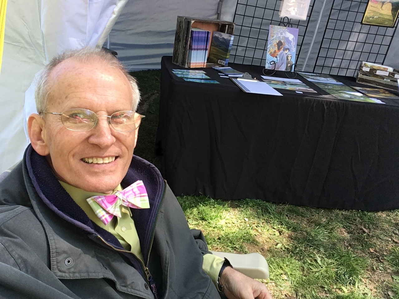 My dad takes the usual selfie, but this time he’s looking at my work.