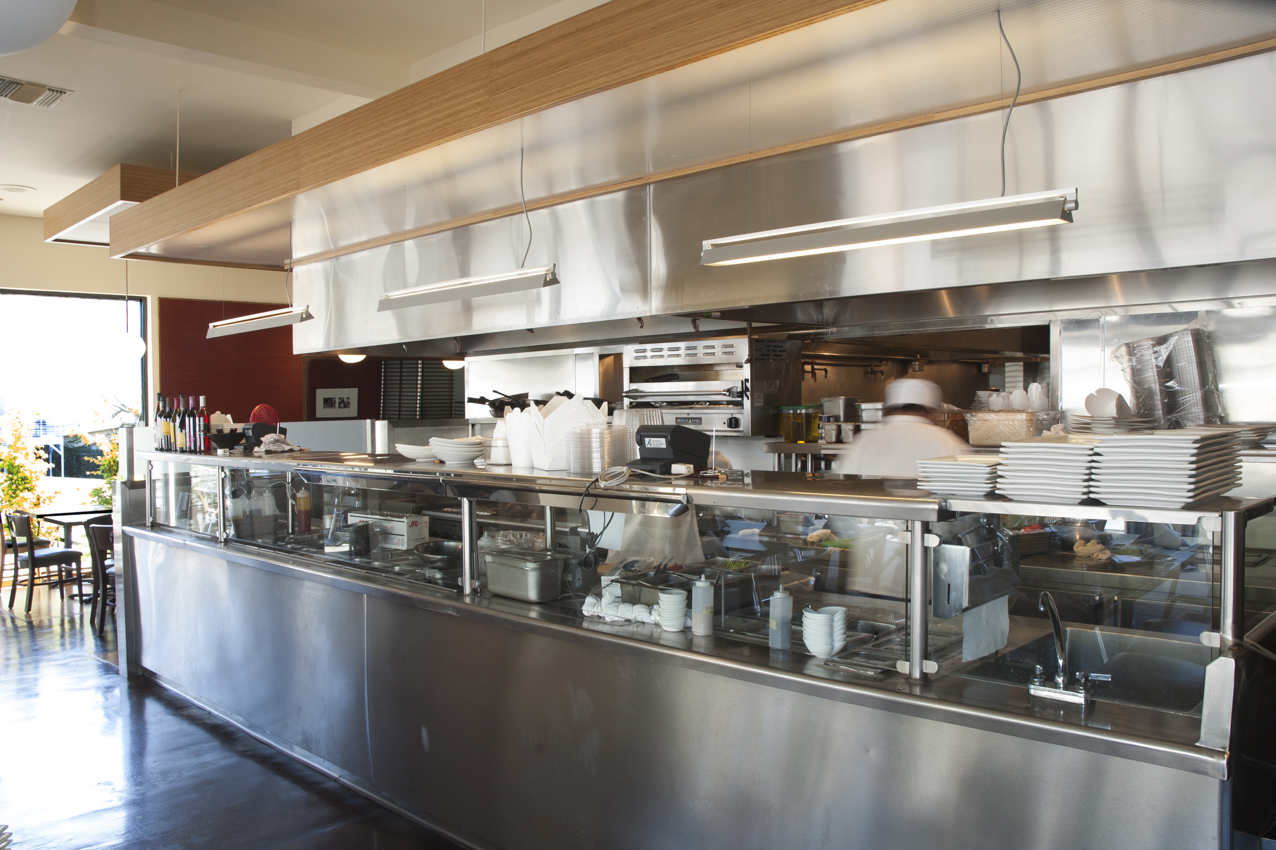 An addition of a Japanese cook line was added perpendicular to the existing Chinese grill allowing for the new kitchen to act as a stage backdrop to the fluid activities of Sunset Blvd. 