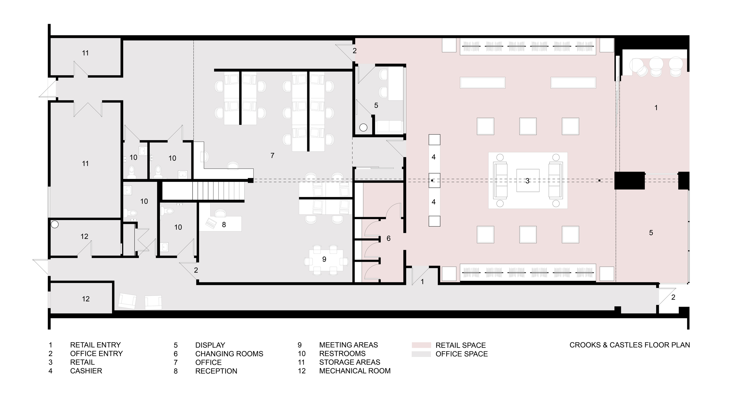 In order to create a space that could function as both an office and retail we subdivided the space into 3 different zones. A very transparent seamless front retail zone that opened up to Fairfax Blvd, a private secured rear office zone with a private entry for employees and guests that houses sales, marketing and design, and finally an intermediate zone which contained both dressing rooms, storage and a recording studio.