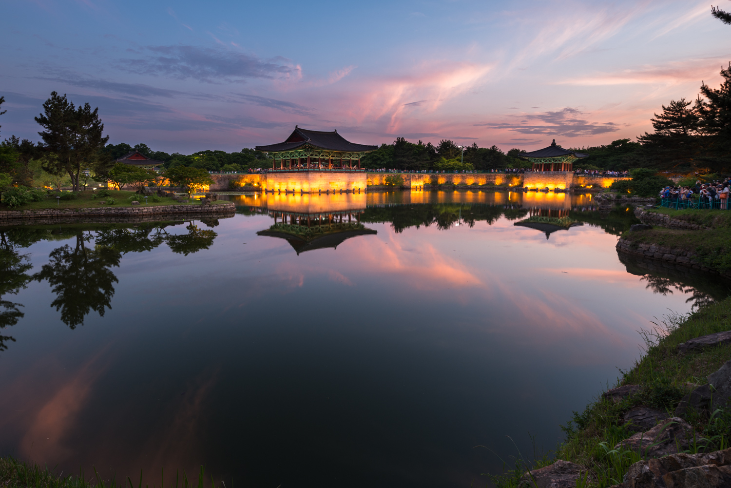Anapji Pond is a must-see in Gyeongju. It is was constructed as part of the SIlla palace complex in 674 A.D. and is best viewed in the evening when the stone walls light up.