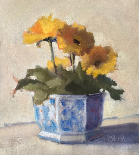 Lesley Powell, Gerbers in Blue and White, 11X10, Oil.