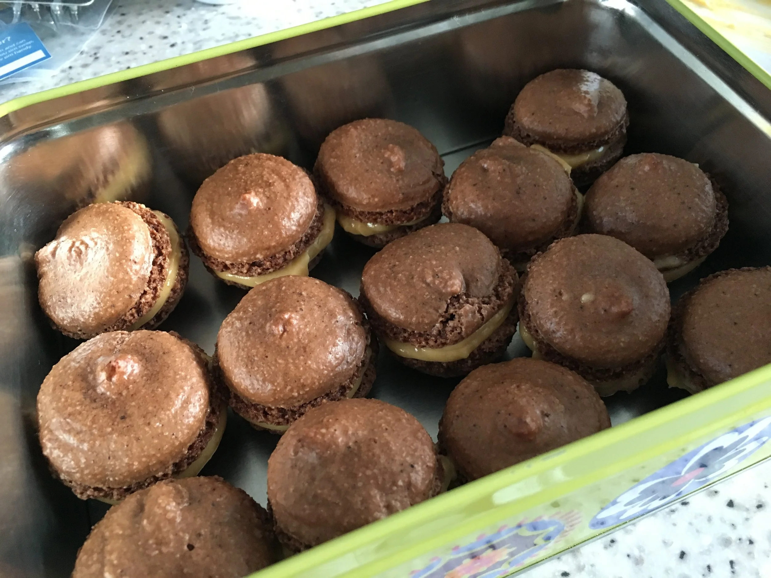 Chocolate and salted caramel macarons