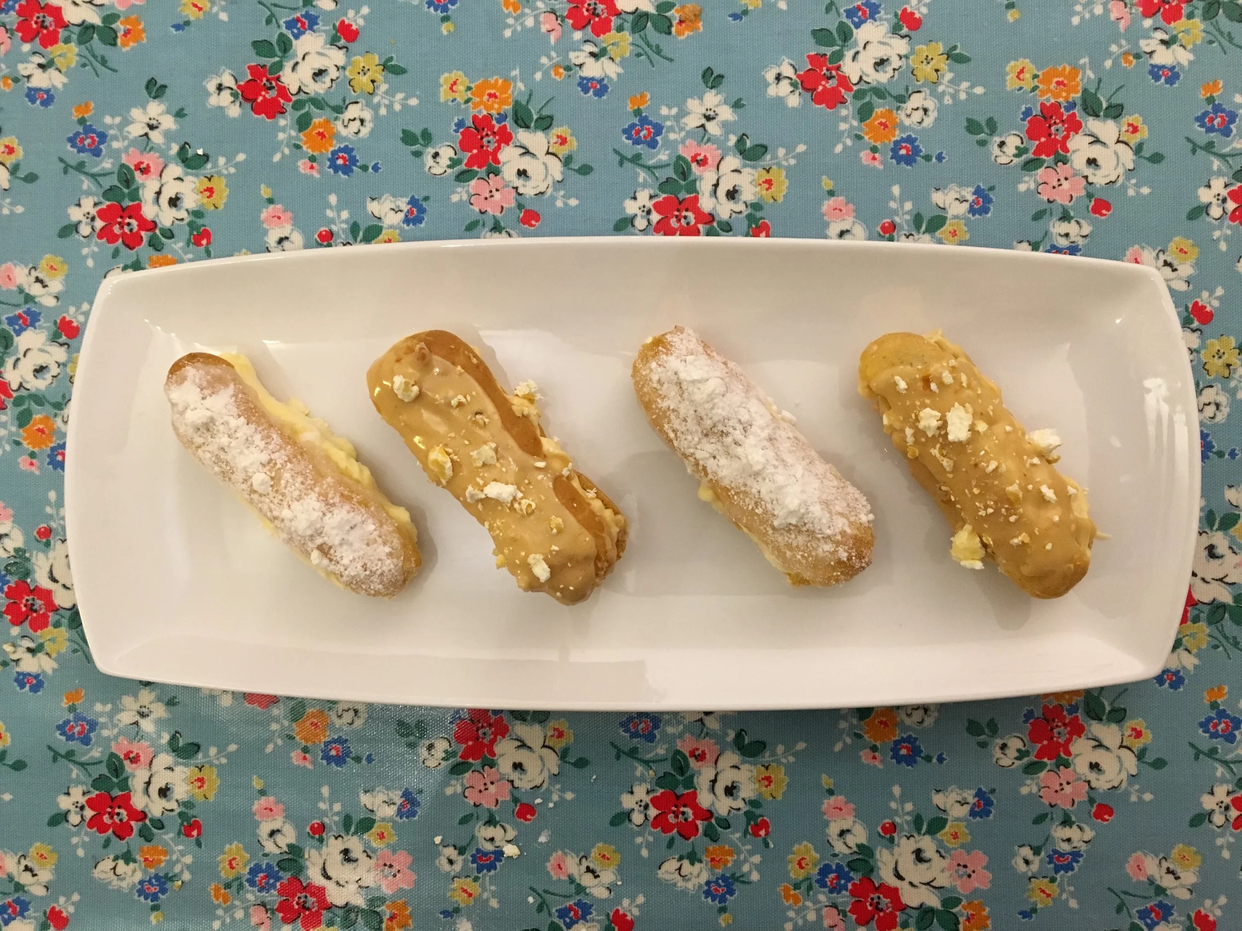 Éclairs (elderflower and meringue, salted caramel and popcorn)