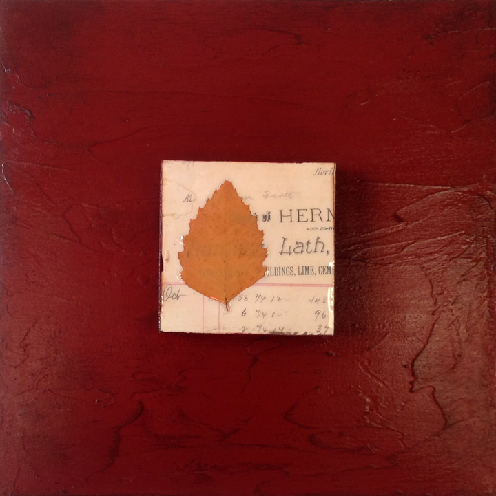 Yellow Leaf on Red (12" square on wood)