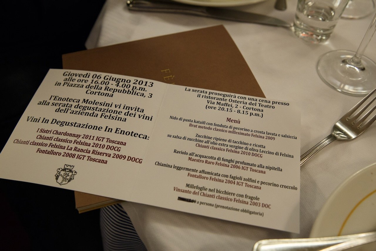 menu with pairings at Osteria del Teatro in Cortona